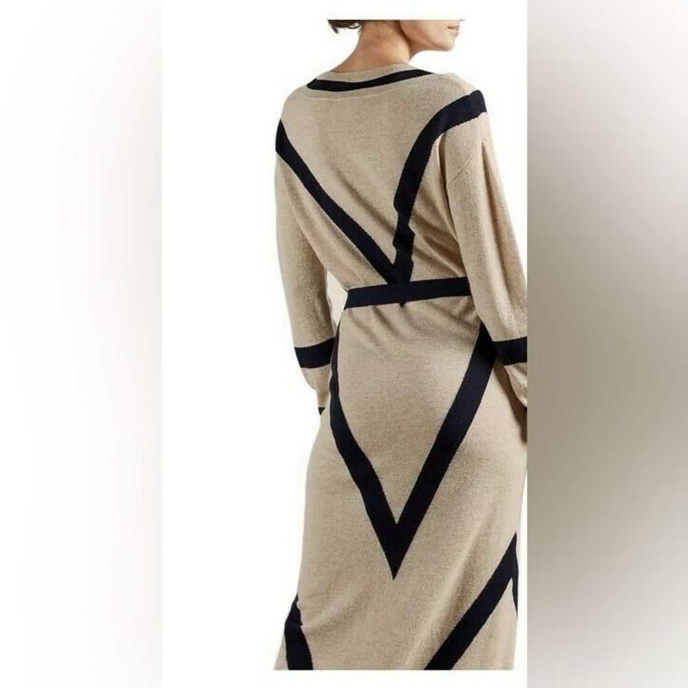 Ted Baker Merino Wool Cashmere Knit Long Sleeve Cream Black Midi Sweater Dress - Picture 2 of 9